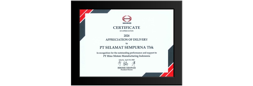 Appreciation of Delivery - 2024 from PT Hino Motors Manufacturing Indonesia.